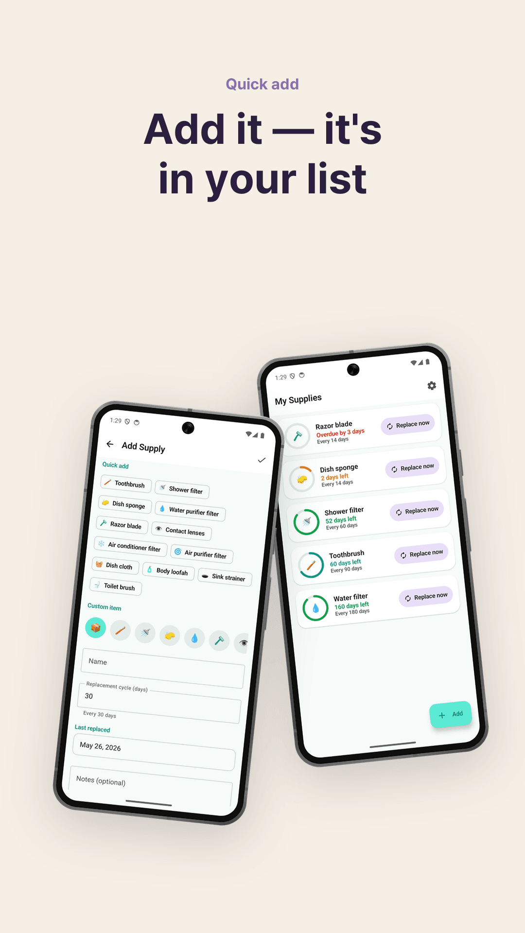 Add common items in one tap
